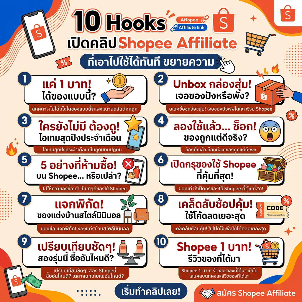 10 Hook เปิดหัวคลิป Shopee Lazada Tiktok Affiliate อยู่หมัด